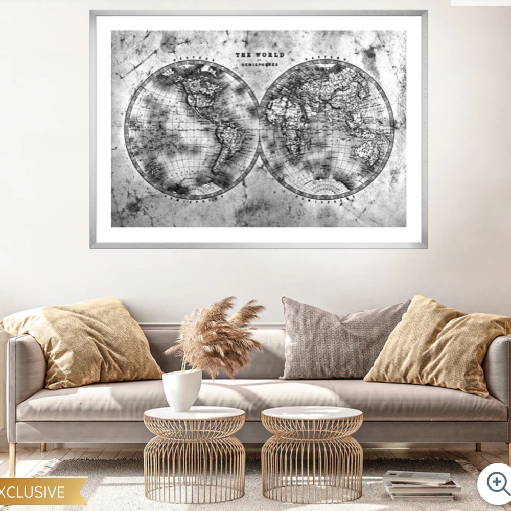 World Map Wall Art. Hemispheres Contrast World Map Wall Art 24x36 in